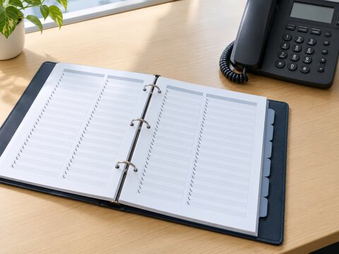 Company phone directory binder lies open on a desk next to a desk