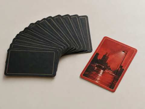 Fanned deck of scenario cards on a pale table with a single red card