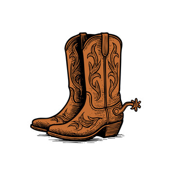 Vintage engraving style vector illustration of brown western cowboy boots with spurs, retro fashion design