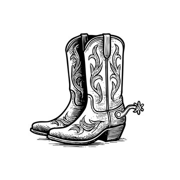 Black and white old school leather cowboy boots western boot icon isolated on white background