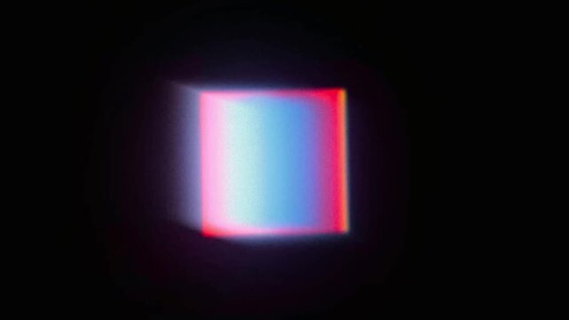 Abstract glowing square geometric light shape glowing against dark background neon color red blue pink