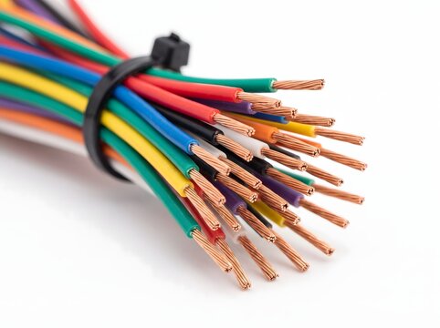 Bundled multicolored electrical wires with stripped copper ends for projects.