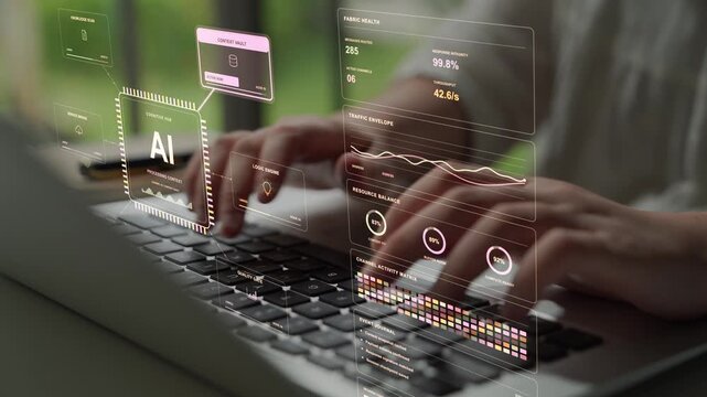 Hands type on a laptop. An AI cognitive hub connects knowledge retrieval, contextual memory and service integration, using logic and quality checks to coordinate information processing.