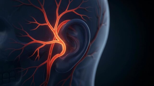 Human Ear Anatomy and Vascular Pathways - Pulsing Red Light on Dark 3D Head Model - Cinematic Medical 4K Animation