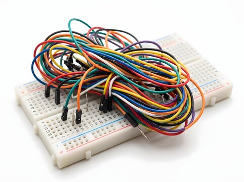 Electronic jumper wires and breadboards for circuitry connection and prototyping.