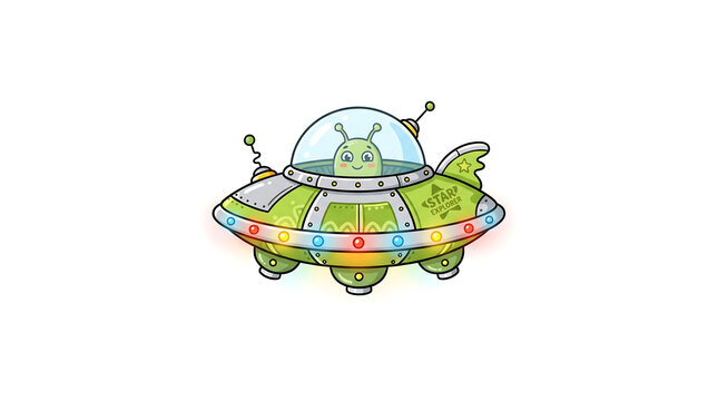 Cute green alien piloting UFO spaceship cartoon vector illustration isolated on white background