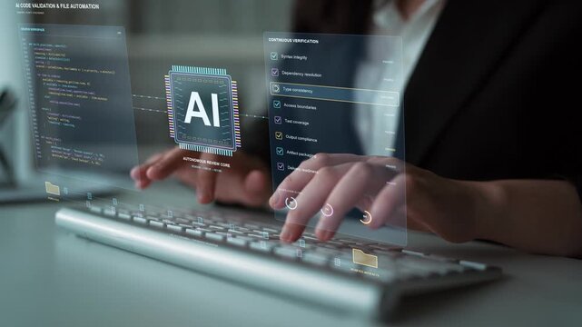 A person types on a keyboard. Source code progresses through AI review and quality checks, illustrating a path from synchronized files to tested, validated and packaged outputs.