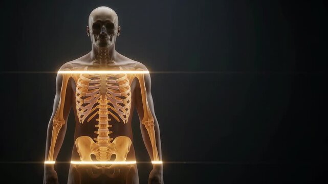 Human Body Skeletal Scan - Glowing Horizontal Light Bar Revealing Skeleton - Futuristic Medical 3D Animation Footage