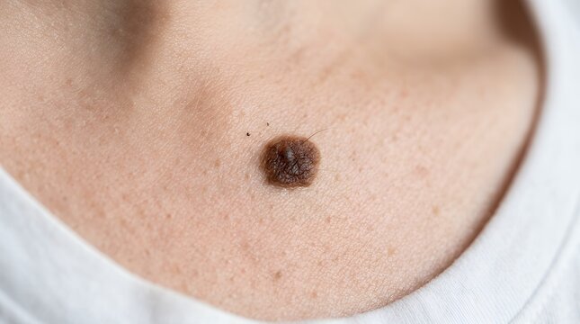 Close up view of human skin showing a brown pigmented mole lesion detail for dermatology examination and health awareness