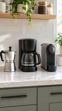 Office kitchen counter displays three coffee makers in a row
