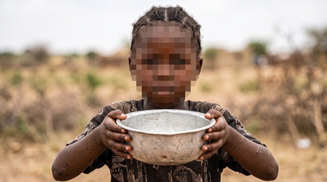 Child with pixelated face holding an empty metal bowl with both hands in a dry barren landscape, concept of hunger, famine and humanitarian crisis