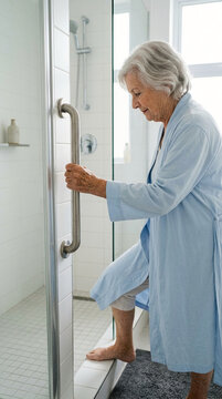 Senior woman using a safety handrail to enter a walk-in shower at home, concept of elderly care, accessibility, and bathroom safety measures.