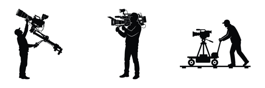 Cameraman and filmmaker silhouette set, camera operator using jib arm crane, holding professional video camera on shoulder, pushing camera dolly on tracks vector collection