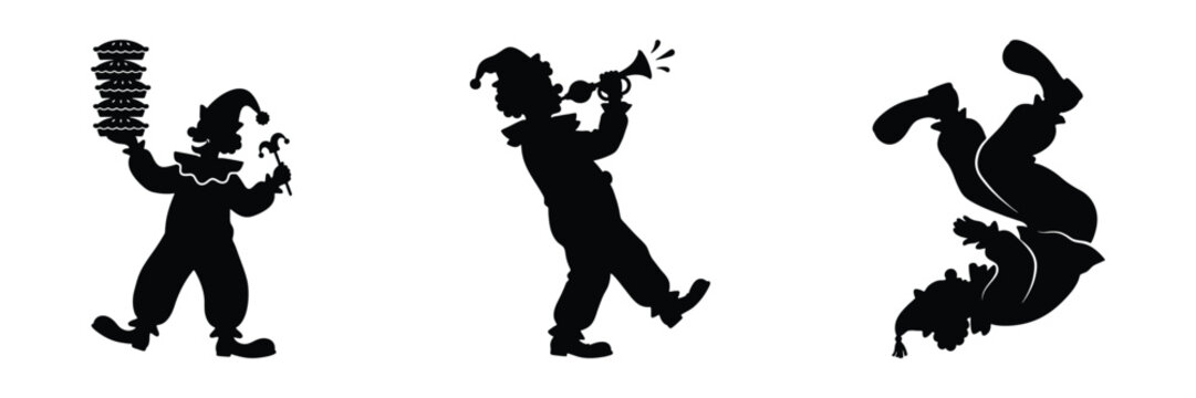 Jester and clown silhouette set, jester balancing plates on hand, clown playing trumpet, acrobat tumbling or somersaulting vector collection