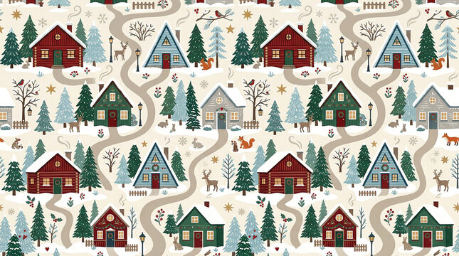 Christmas seamless pattern with charming winter village houses snowy trees deer and winding roads.