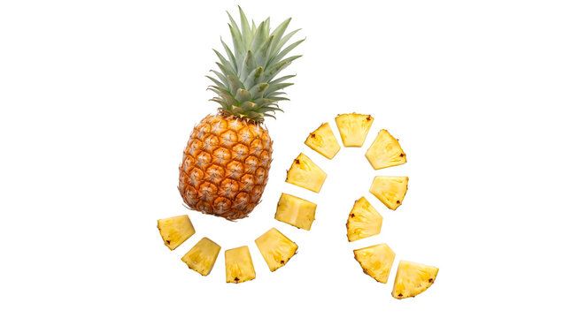 Fresh whole pineapple with sliced pieces arranged in a row