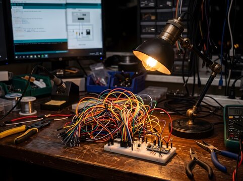 Electronic engineer workbench with messy jumper wires and solder tools.