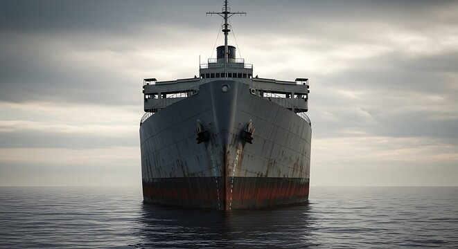 Massive cargo ship navigating calm open ocean under cloudy skies