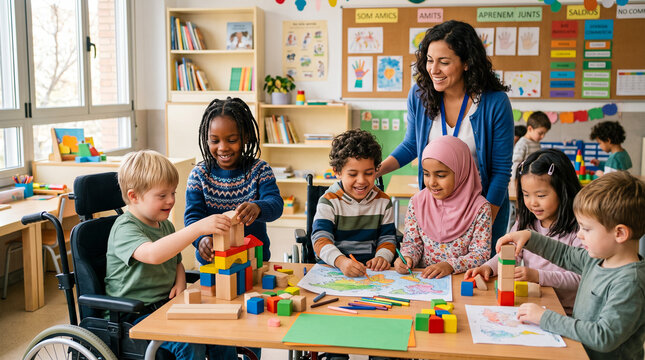 Grupo diverso de ni&ntilde;os aprendiendo juntos en un aula inclusiva, fomentando igualdad, respeto, cooperaci&oacute;n y convivencia escolar.