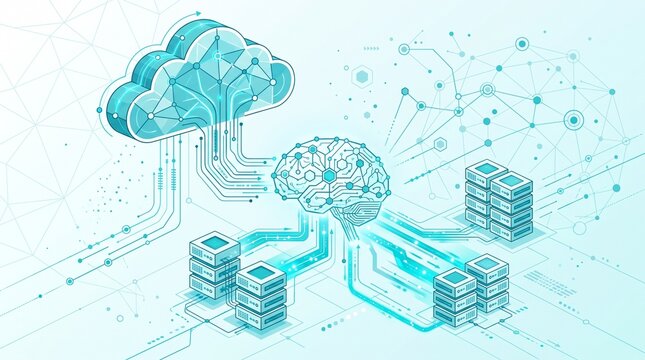 Abstract digital illustration of cloud computing and artificial intelligence network connection.
