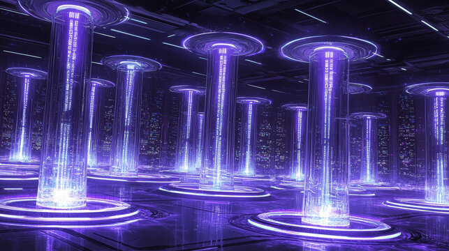 Futuristic hyper realistic virtual portal glowing neon sci fi technology digital cityscape create mesmerizing scene with tall illuminated columns and advanced architecture in dark environment
