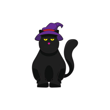 Funny Grumpy Black Cat Wearing Purple Witch Hat Halloween Vector Isolated Element