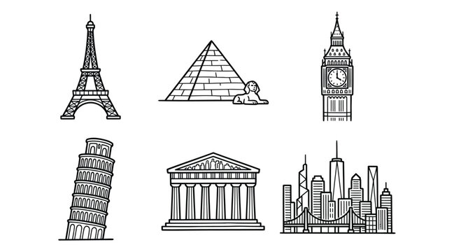 Set of famous world landmarks and monuments line icons