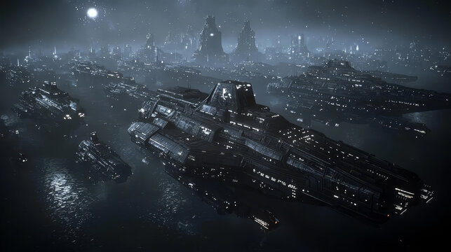 Massive futuristic spaceship fleet hyper realistic galactic transit hub glowing cityscape night advanced technology science fiction dramatic atmosphere metallic structure cosmic exploration
