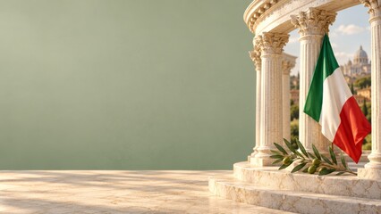 Fototapeta premium Ivory Classical Colonnade with an Italian Flag and Olive Branches