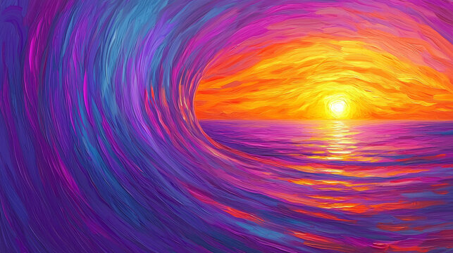 Vibrant wave colorful ocean sunset abstract painting swirling water orange sky purple blue yellow dramatic seascape emotional energy