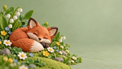 Fototapeta premium Sleeping Orange Clay Fox Curled Among Flowers on a Sage Green Backdrop