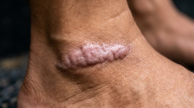 Close up view of skin lesion and texture on ankle area showing skin condition and dermatological detail