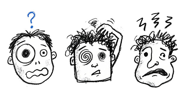 Childish crayon doodles of confused faces showing puzzled expressions in a fun character set for kids