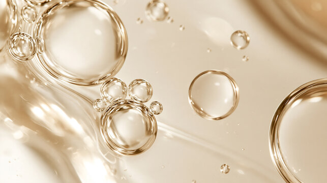 透明な美容液バブルの集まりと流れるジェルが輝く高級保湿スキンケア背景 / Clustered clear serum bubbles and flowing gel in warm gold tones for premium hydrating skincare backgrounds