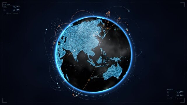 A digital earth globe spins against a dark background, zooming in to highlight Canada with satellites, network connections and data points