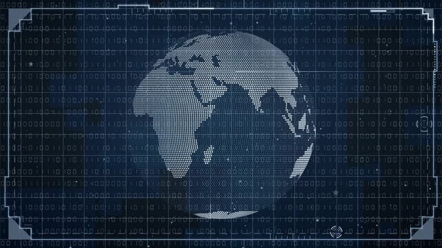 digital planet earth globe rotating against a dark blue background filled with binary code and futuristic interface elements, representing global connectivity and data networks