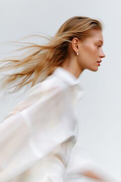 Elegant blonde woman in profile with windblown hair and flowing white clothing, captured with subtle motion blur on a minimalist background