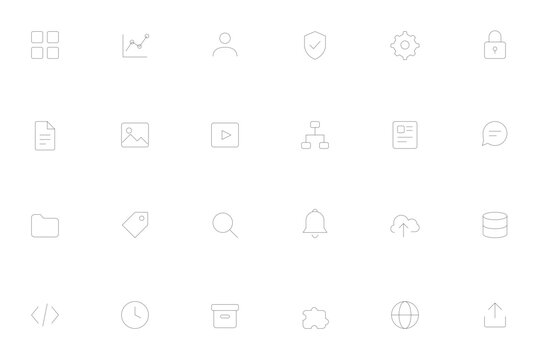 Minimalist CMS Dashboard Vector Icon Set, Modern SaaS Admin UI Line Icons, Web Management Glyphs