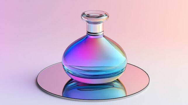 Hyper realistic glass perfume bottle half full iridescent elegant round reflective modern luxury colorful gradient. bottle sits on mirror creating dreamy sophisticated atmosphere
