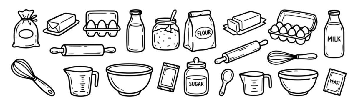 Hand drawn doodle vector mega pack of baking ingredients featuring flour bag, butter, eggs, milk bottle, sugar jar, rolling pin, whisk, mixing tools isolated on white background