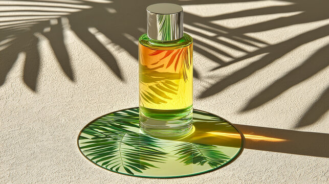 Hyper realistic glass perfume bottle half full yellow green liquid silver cap tropical leaf shadow sunlight elegant minimal summer luxury