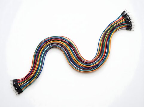 Sinuous wave pattern made with multicolored jumper cables on white space.