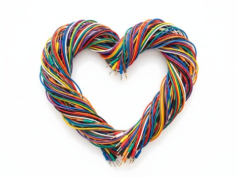 Heart shape formed by tangled multicolored electrical cables on background.