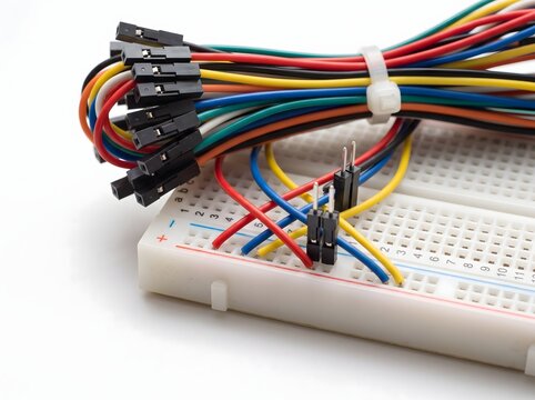 Colorful jumper wires connected to breadboard for prototyping project.