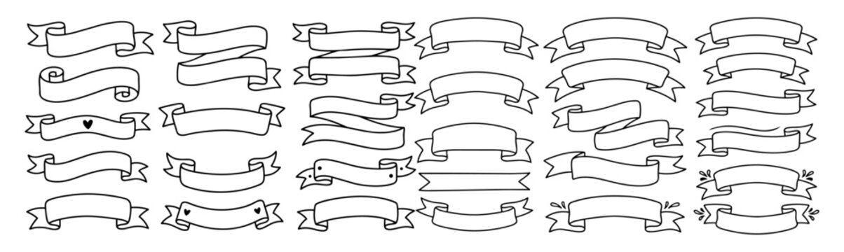 Hand drawn doodle vector mega pack of banner ribbons featuring blank ribbon banners, folded and curved banners, fishtail ribbons, scroll banners and decorative isolated on white background