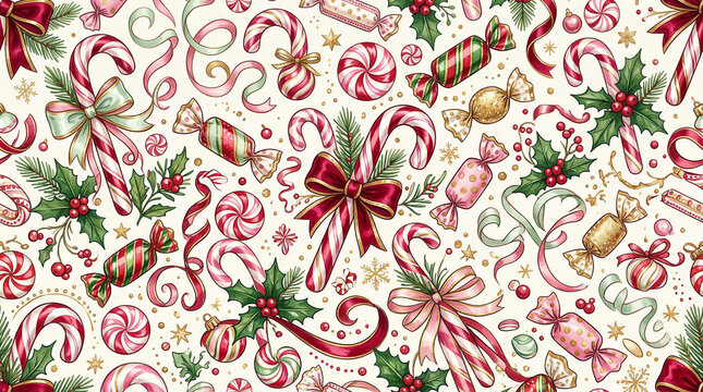 Festive watercolor candy cane and sweets seamless pattern with ribbon details for holiday celebration decor.
