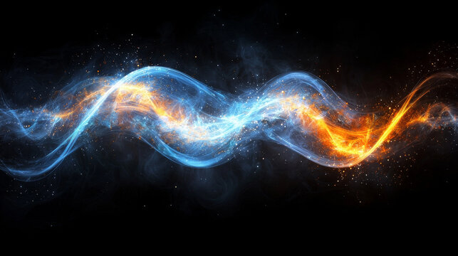Blue neon line orange neon line glowing light twisting energy abstract wave dark background vibrant dynamic futuristic digital art. Glowing blue and orange neon lines twist through dark background