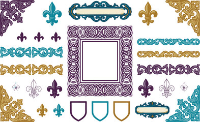 Celtic knotwork frame, colored fleur de lis symbols, and decorative corner pieces for historical or fantasy themes. © Kamrun82