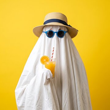 Playful ghost figure wearing a straw hat and sunglasses holding a tropical drink against yellow