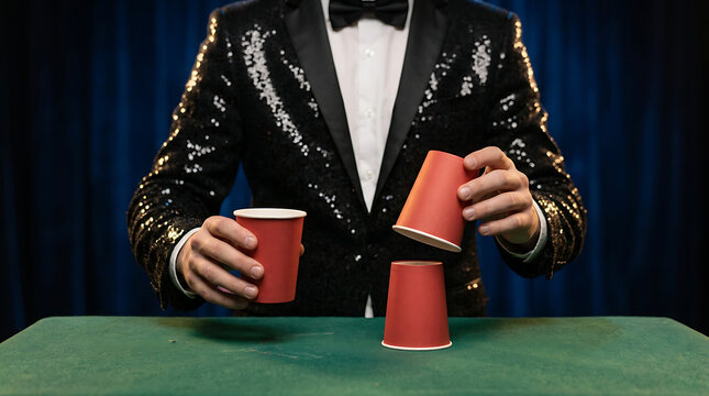 Professional magician performing classic cup trick on green velvet table at elegant magic show event